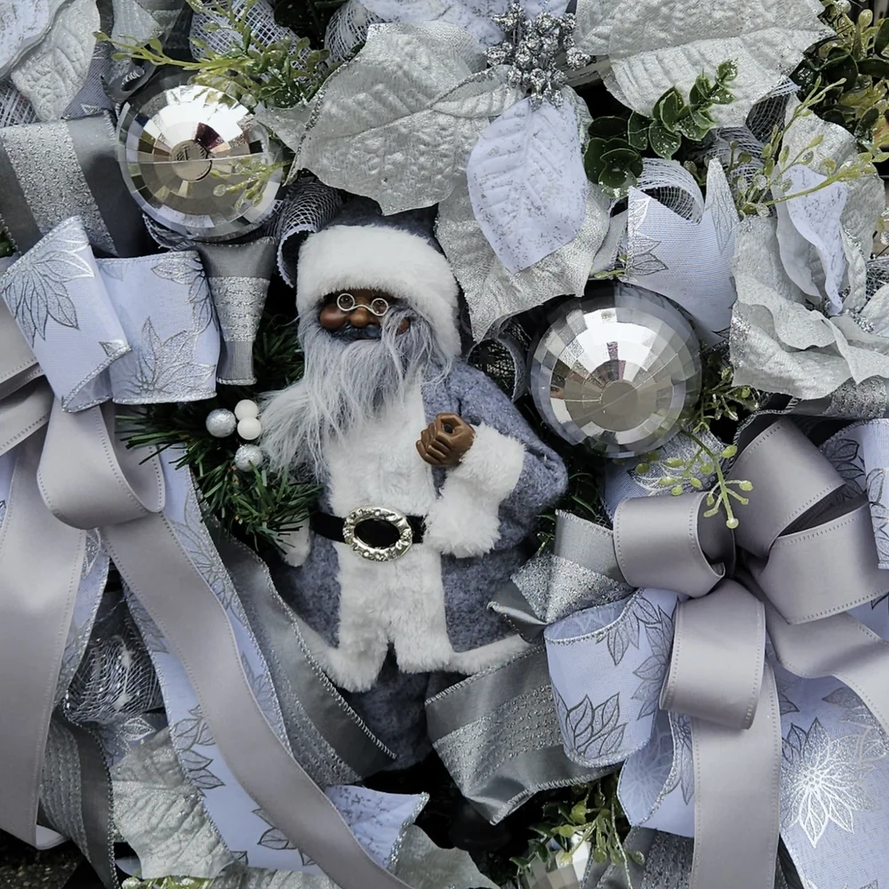 Elegant Silver and White Holiday Wreath with Santa